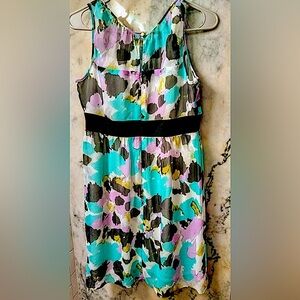 Anne Taylor Loft Midi Dress 6P Black/Lilac/Blue/Green Geo Print Layered Bodice